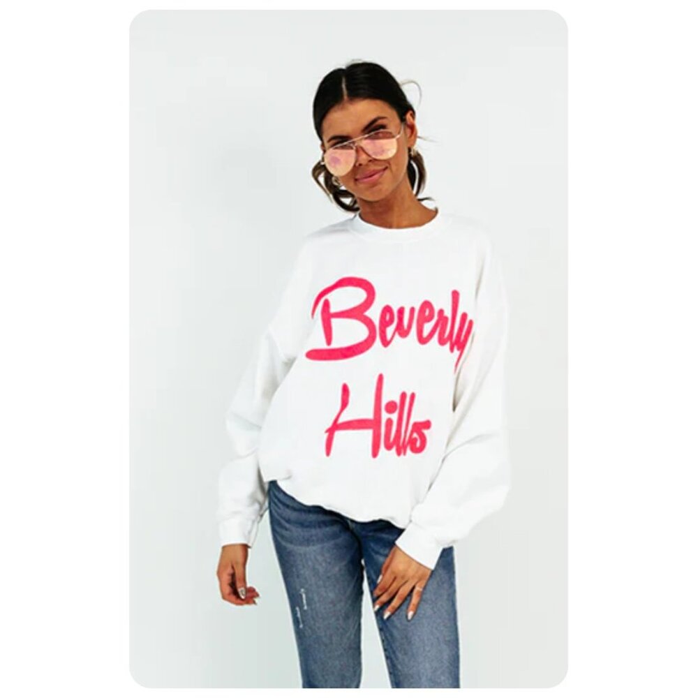 !! NWT Impressions White Pink Beverly Hills Sweatshirt sz S/M